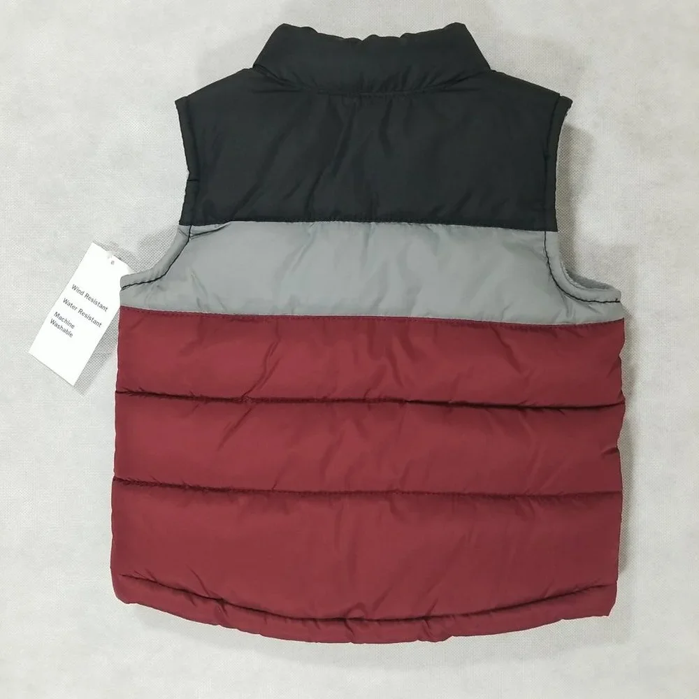 Old Navy Puffer Vest Toddler Boys 12-18m Burgundy Gray Sleeveless Full Zip‎ NWT